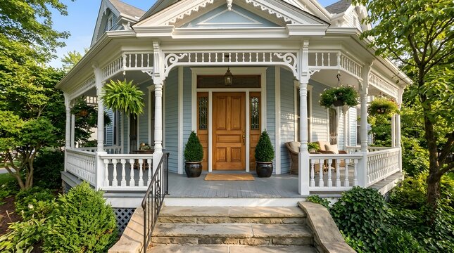 A beautiful elegant victorian style house features a charming front porch and is surrounded by vibrant lush green landscaping on a lovely
