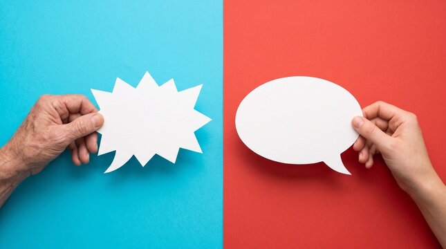Two hands holding blank paper speech bubbles on contrasting blue and red background, symbolizing communication, debate, or dialogue