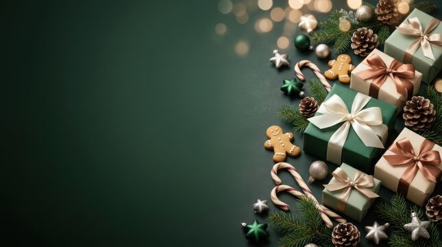 Festive green gift boxes with pine needles and candy canes during warm bokeh lights
