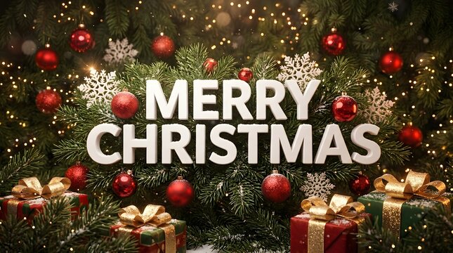 A joyful and festive merry christmas message is beautifully displayed among glittering ornaments and wrapped gifts beneath a decorated christmas tree