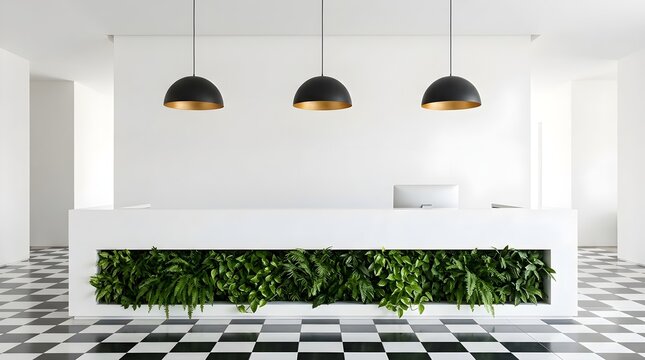Contemporary hotel lobby features a sleek reception desk complemented by a lush vibrant green wall and clean minimalist interior design details
