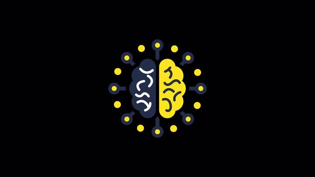 Yellow AI brain neural network icon featuring diagonal shine animation for machine learning software, high quality video footage brain, shine, ai, neural, grid
