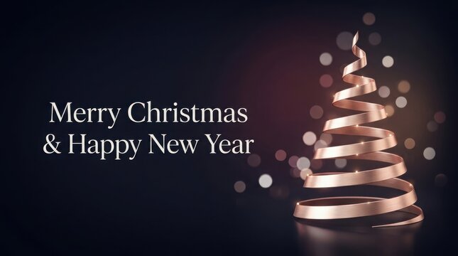 Rose gold ribbon Christmas tree with bokeh lights on dark background