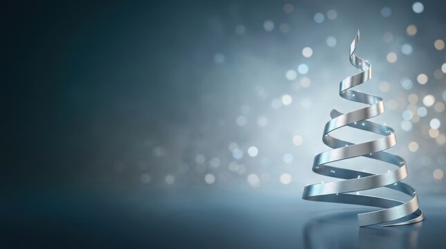Silver ribbon spiral tree with bokeh lights on a reflective surface during winter holidays