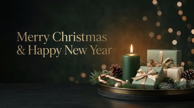Festive Christmas gifts and candle with pine cones during warm bokeh lighting for holiday celebration