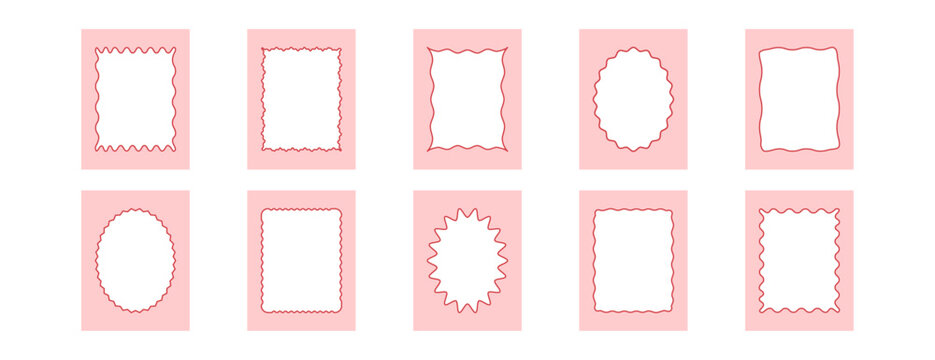 Wavy frame, cute scallop border. Coquette picture pattern, fun girly doodle edge. Pink square and oval invitation, rectangular holiday bubble set isolated on white background. Vector illustration