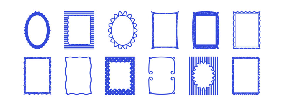 Frame wave shape, scallop border. Square and pastel rectangle, oval corrugated chalk element, curve vintage mirror. Cool crayon pen amalfi boarder italian set isolated on white bg. Vector illustration