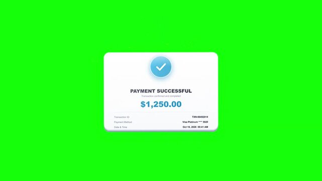 Digital interface card indicating a successful financial transaction with a checkmark icon and monetary amount, perfect for modern banking and e-commerce applications
