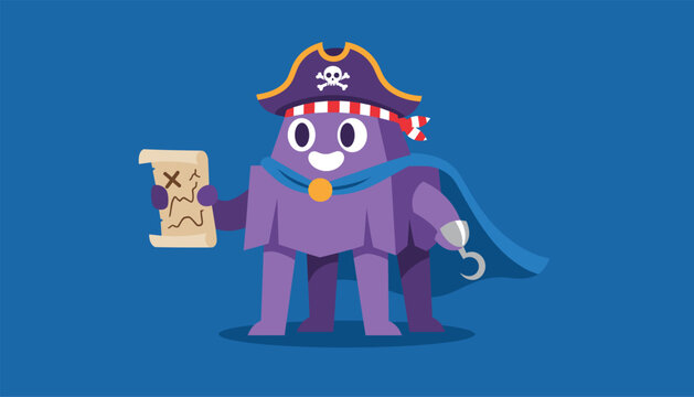 Cute purple monster pirate character wearing captain tricorn hat and blue cape holds secret treasure map on dark backdrop.