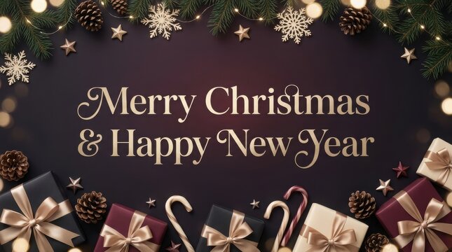 Festive Christmas and New Year greeting with gifts and pine cones during warm bokeh lights