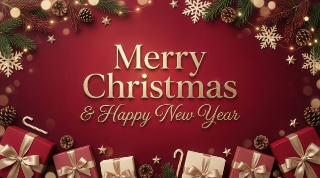 Golden Merry Christmas and Happy New Year text with festive decorations and gifts