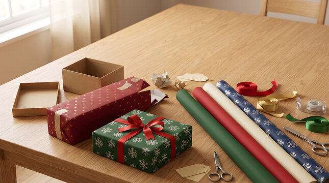 High angle view of Christmas gift wrapping on wooden table with paper rolls, ribbons, open kraft box and copy space