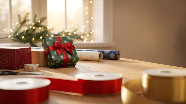 Low angle view of Christmas gift wrapping on wooden table with ribbon spools in blurred foreground and fairy light bokeh