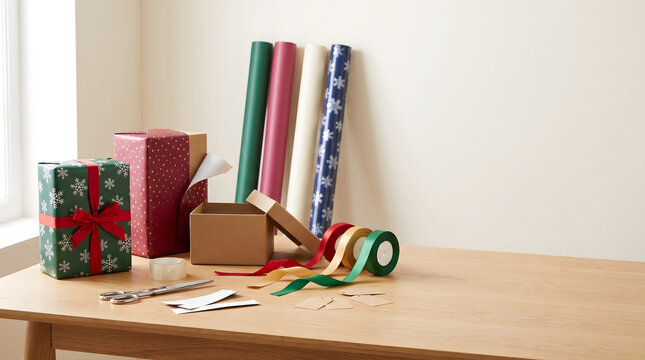 Side view of Christmas gift wrapping on wooden table with upright paper rolls, half wrapped box, ribbons and scissors