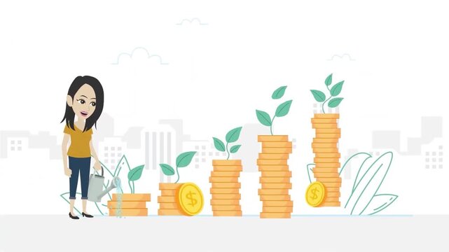 Young woman watering stacks of coins with growing plants representing wealth accumulation and financial investment strategies