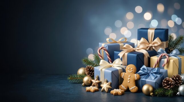 Christmas gifts with gingerbread and pine cones during soft bokeh lighting