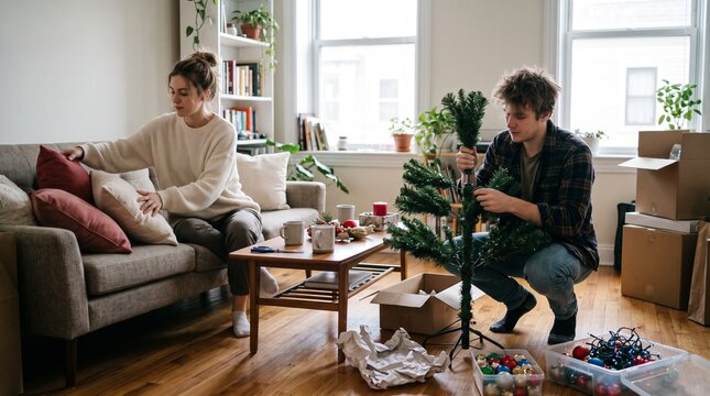 A couple decorating their apartment, one person arranging pillows on the couch, and the other assembling a Christmas tree, surrounded by moving boxes and festive ornaments
