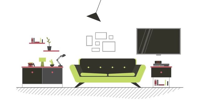 Modern minimalist living room interior design featuring contemporary furniture green sofa and television screen