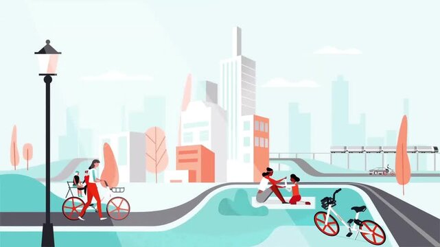 Animated vector urban park landscape showing people riding bicycles and walking near modern skyscrapers during daytime