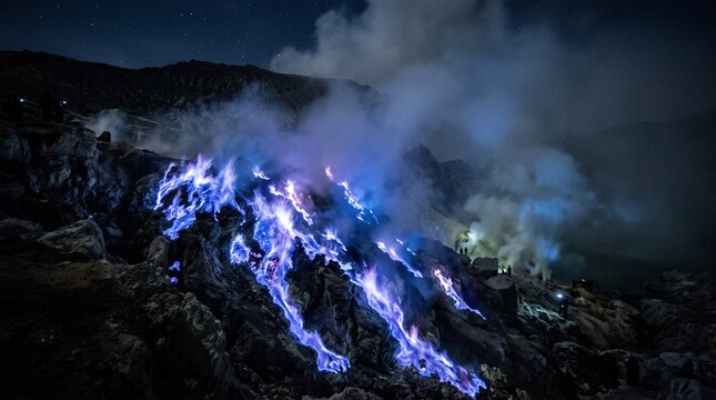 Dramatic electric blue flames and glowing smoke erupting from volcanic fissures at Ijen volcano at night, deep blue and purple light on dark rugged rock, Indonesia

