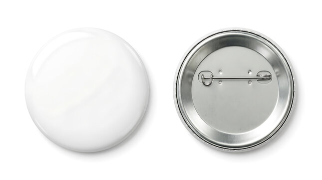 Two white circular pin back buttons one front one back 