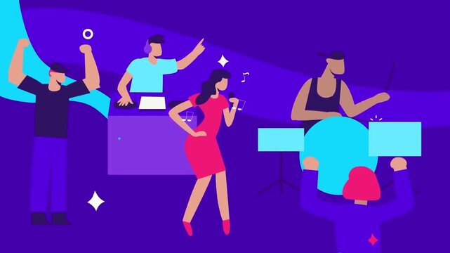 Vibrant cartoon people dancing and playing music in a colorful vibrant nightclub scene with energetic celebration