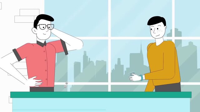 Two cartoon colleagues playing dice game inside modern office with large window overlooking city skyline view