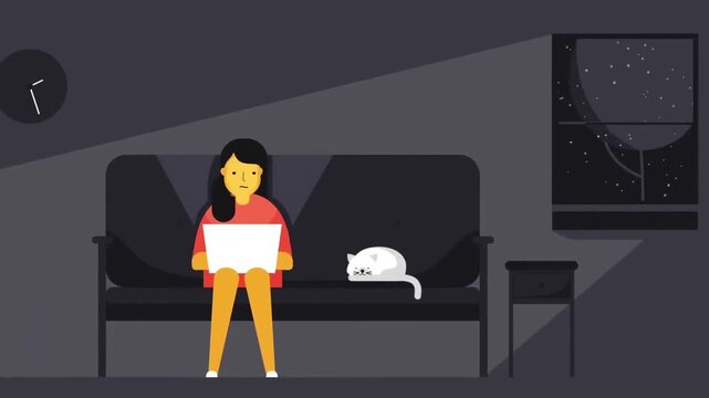 Tired woman working late at night on her laptop while sleeping cat rests near her on sofa