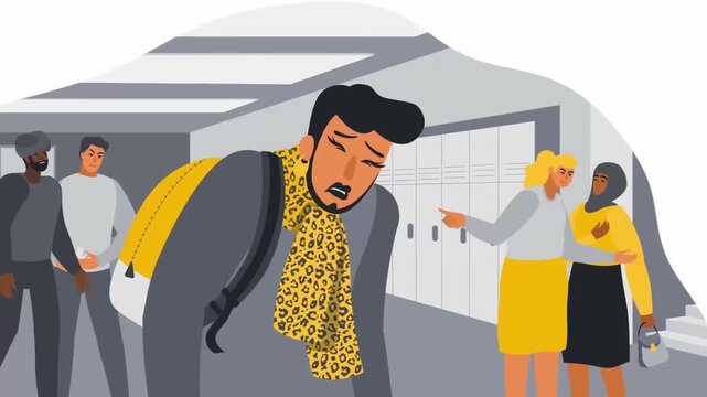 Sad young man walking through school hallway while being bullied by classmates pointing and laughing