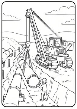Tracked pipelayer lowering a pipe into a trench, clean black outline coloring page with a distinct construction scene.