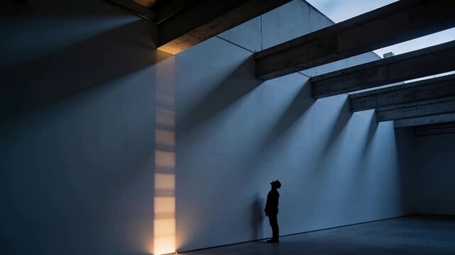 Standing man in dark coat noticing floor light, tilting head toward skylights in gallery