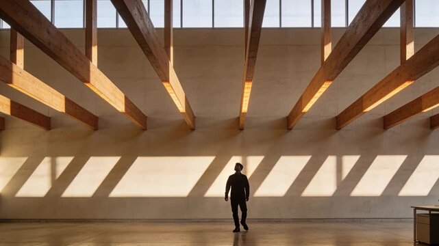 Sunlight drawing man in coat, hat looking up, walking across atrium with timber beams and chair