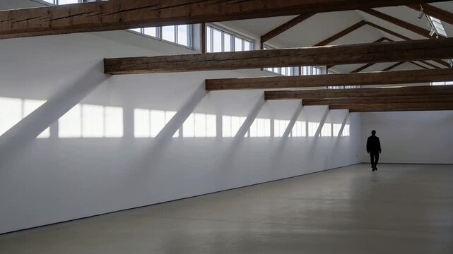 Recording man in dark jacket and hat walking along right wall, clerestory light shadows, copy space
