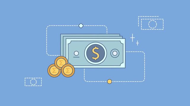 Dollar bills and golden coins stack graphic animation against simple blue background illustrating financial growth concepts