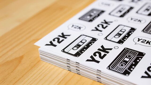 Shifting camera revealing stack of printed sheets on wooden tabletop, showing Y2K cassette graphics