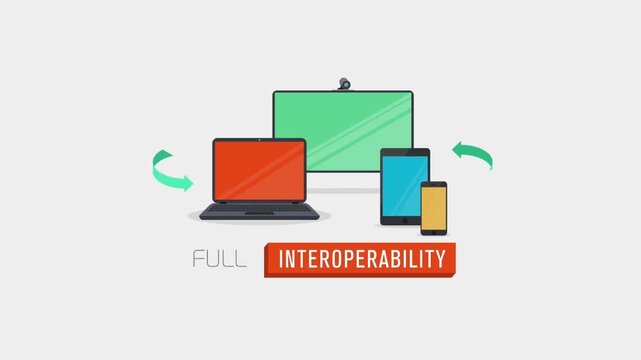 Digital devices displaying full interoperability with colorful vector icons on clean grey background layout