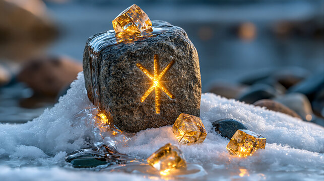 Glowing ancient runic stone half buried in crisp winter snow for dark fantasy macro background