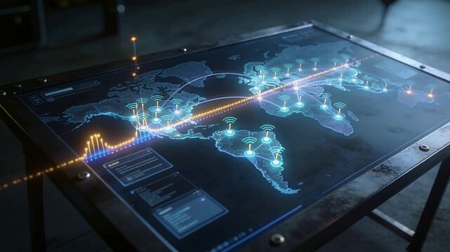 Animating holographic world map on table in lab, visualizing incoming data stream and nodes