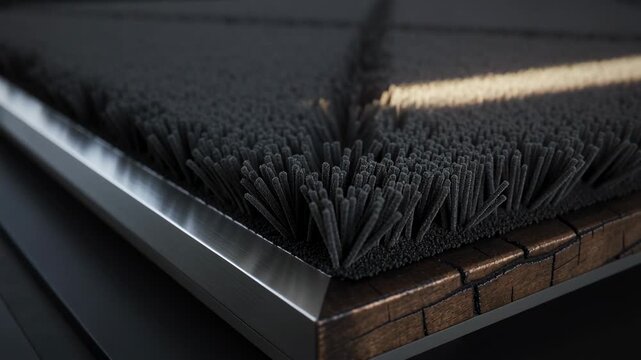 Sweeping warm light band revealing square fiber panel at studio, exposing metal trim and brick base