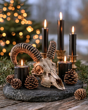Animal horned skull and dripping black candles resting on frosted stone altar for dark pagan ritual. Winter solstice and gothic aesthetic concept. Still life shot for poster