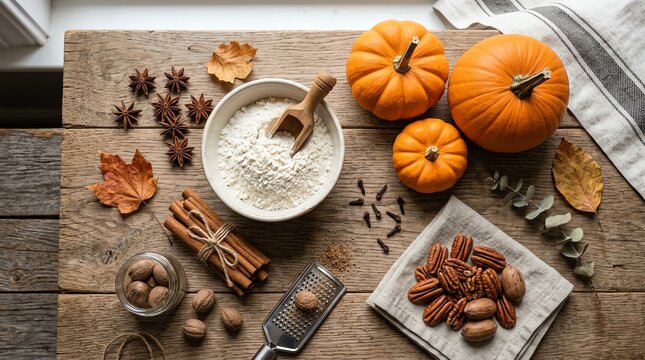 Autumn Baking Ingredients Arranged on a Wooden Table