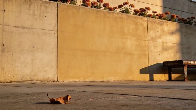 Drifting dry leaf curling from light breeze on pavement near wall with bench, planter, copy space