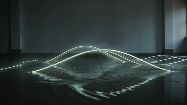 Appearing initial ribbon, light ribbons expanding and crossing in studio, mirroring on tiled floor