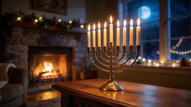 Flickering brass menorah with nine candles from fireplace draft on wood table, creating warm glow