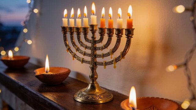 Flickering brass menorah burning nine candles on wood ledge after lighting for Hanukkah, with diyas