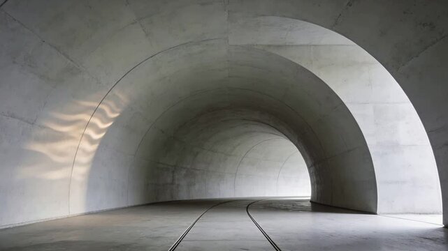 Light entering from right casting wavy warm band across curved concrete tunnel showing metal tracks