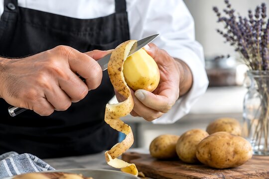 Professional chef peeling fresh potato with paring knife, kitchen food prep close up, male cook preparing organic raw potatoes