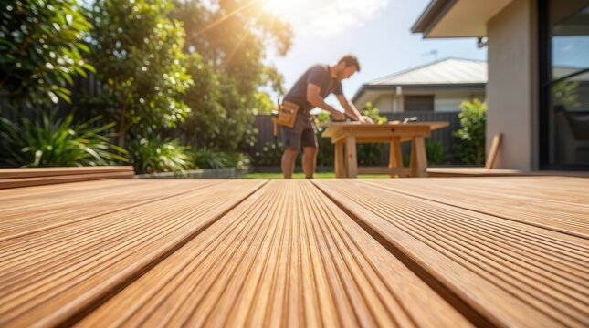 Professional carpentry tasks in progress for a new wooden deck enhancement in a backyard.