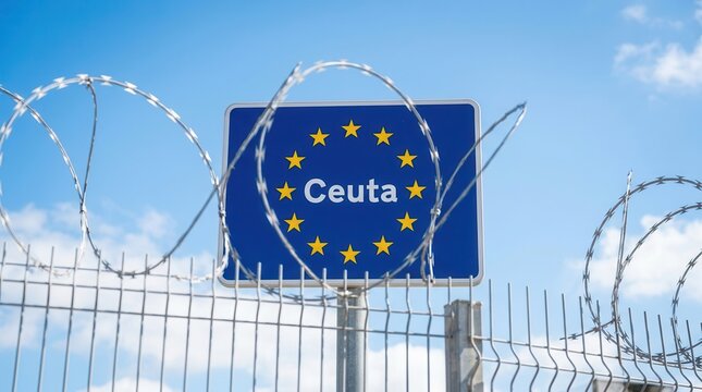 Illegal immigration and migration concept featuring a Ceuta sign and EU symbol behind a security fence.
