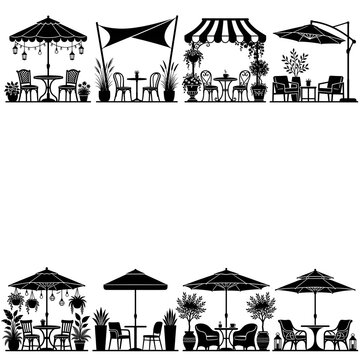 Outdoor Cafe Patio Furniture Silhouette Set Arranged on White Background with Clean Flat Design

